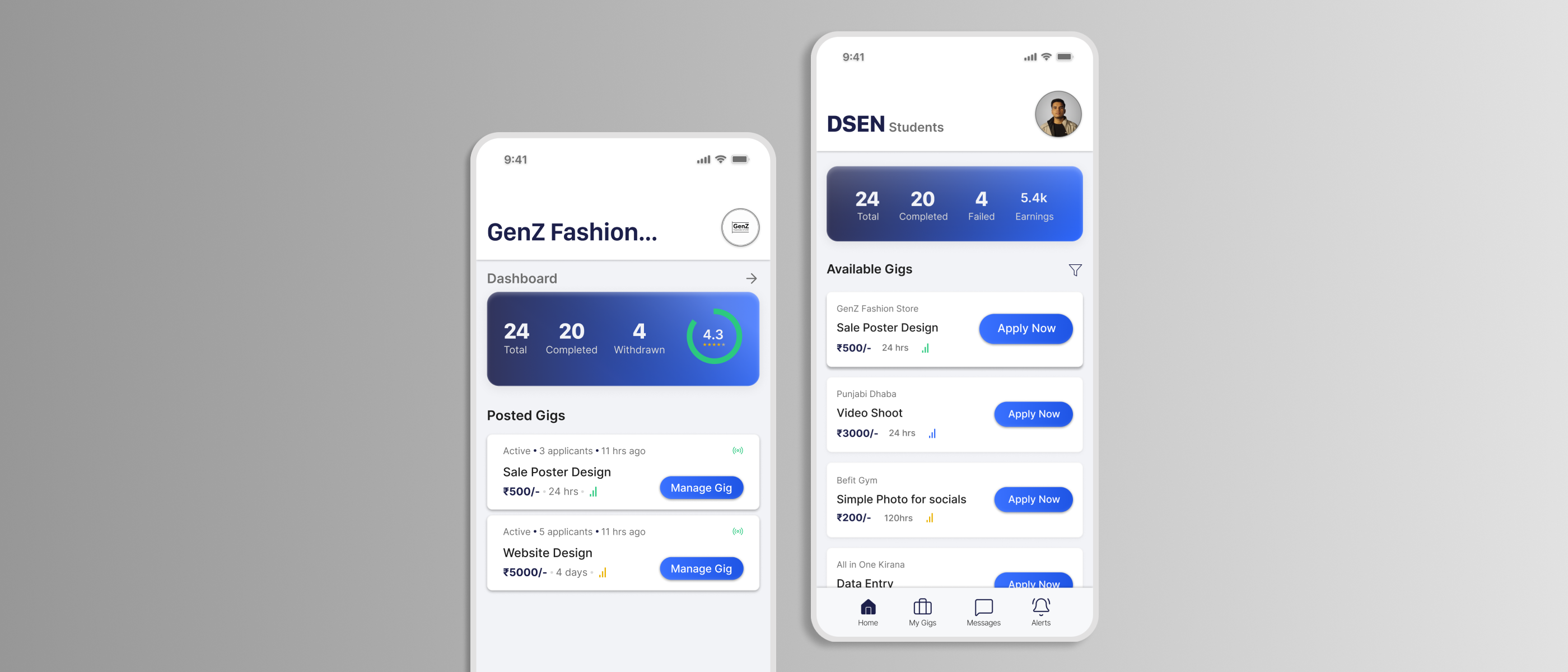 DSEN App Screens — Student & Business Side