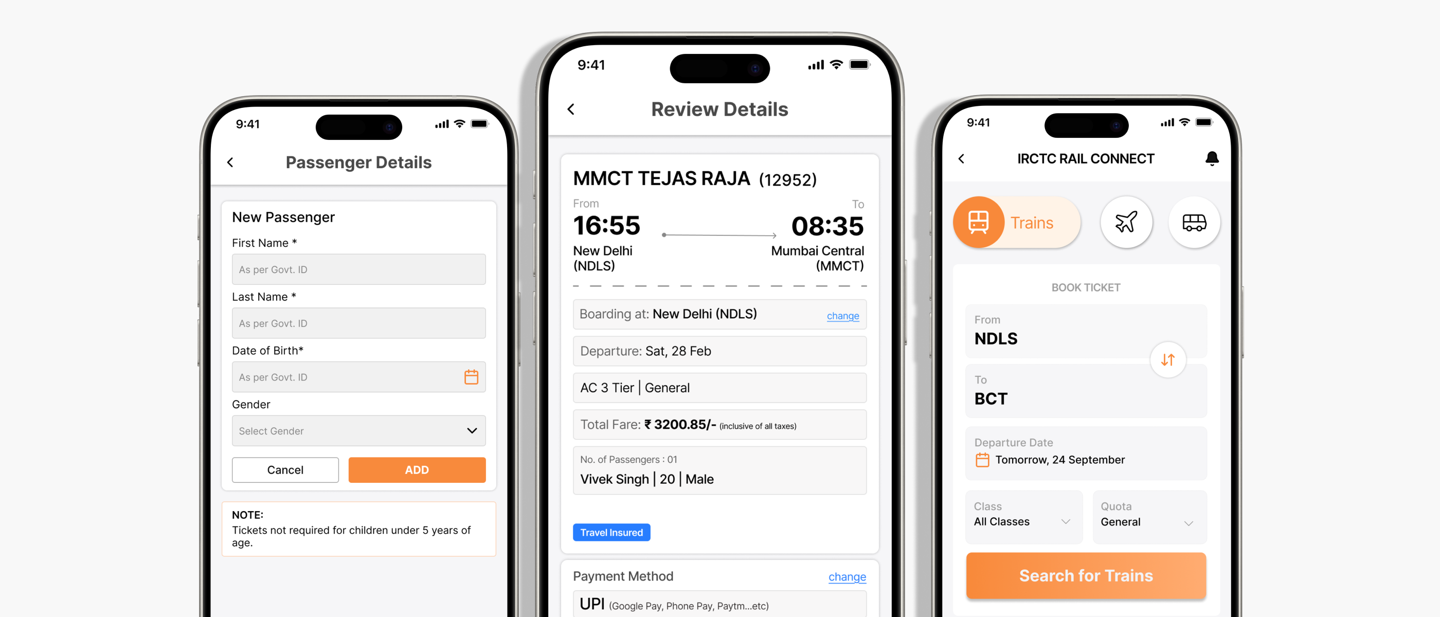 Key Screens — Home, Results, Passenger Details, Review & Pay